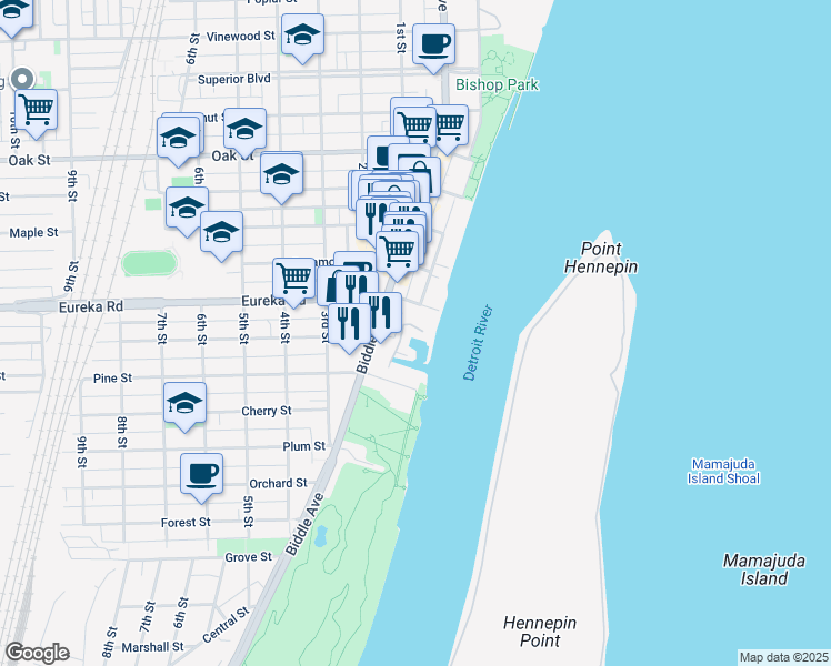map of restaurants, bars, coffee shops, grocery stores, and more near 3301 Biddle Avenue in Wyandotte