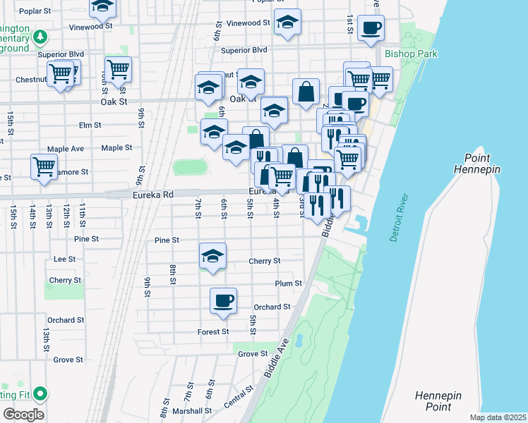 map of restaurants, bars, coffee shops, grocery stores, and more near 467 Eureka Road in Wyandotte