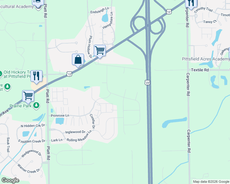 map of restaurants, bars, coffee shops, grocery stores, and more near 3644 Textile Road in Ypsilanti