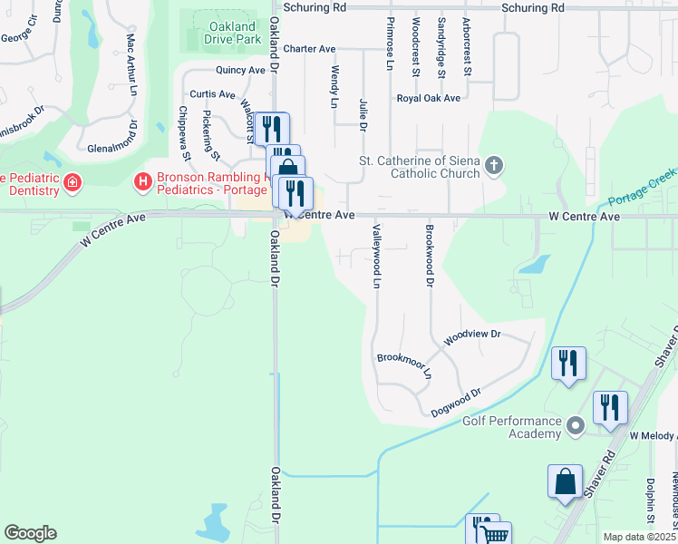 map of restaurants, bars, coffee shops, grocery stores, and more near 1750 Valleywood Court in Portage