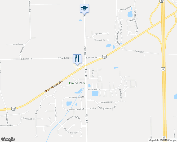 map of restaurants, bars, coffee shops, grocery stores, and more near 6156 Thumpeter Lane in Ypsilanti