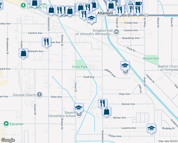 map of restaurants, bars, coffee shops, grocery stores, and more near 3939 Hilyard Avenue in Klamath Falls