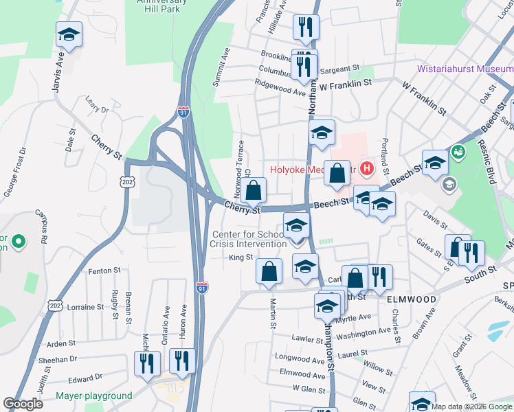 map of restaurants, bars, coffee shops, grocery stores, and more near 59 Cherry Street in Holyoke