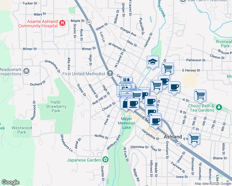 map of restaurants, bars, coffee shops, grocery stores, and more near 125 North Main Street in Ashland