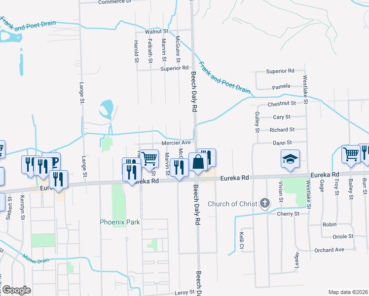 map of restaurants, bars, coffee shops, grocery stores, and more near 14630 Beech Daly Road in Taylor