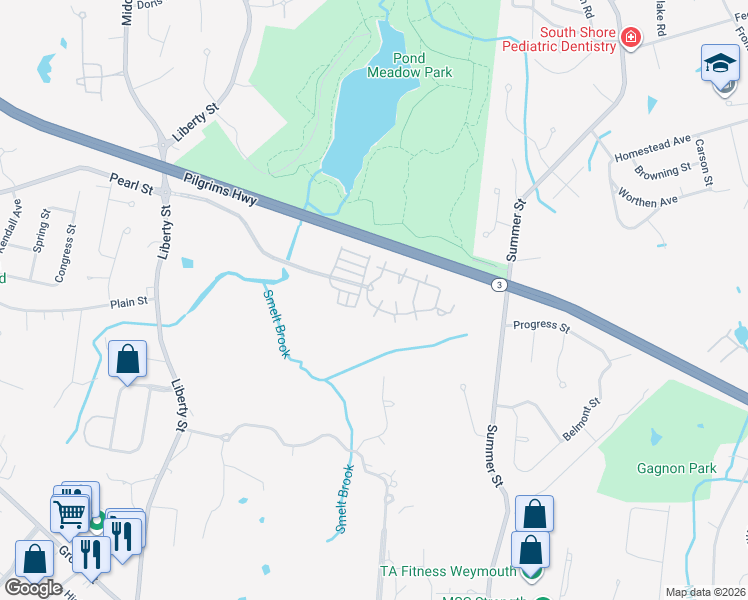 map of restaurants, bars, coffee shops, grocery stores, and more near 550 Liberty Street in Braintree