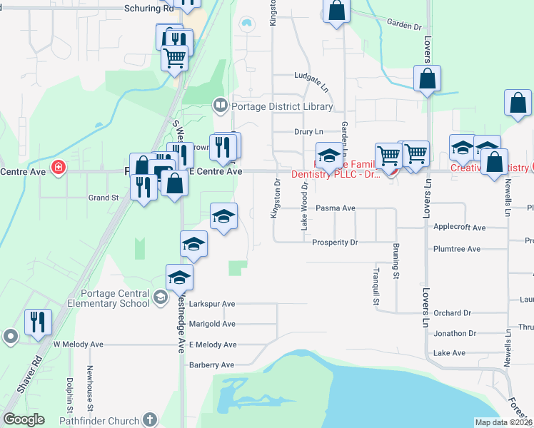 map of restaurants, bars, coffee shops, grocery stores, and more near 8048 Kingston Drive in Portage