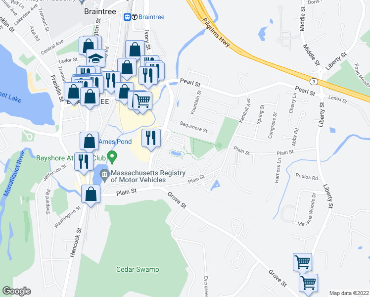 map of restaurants, bars, coffee shops, grocery stores, and more near 414 John Mahar Highway in Braintree
