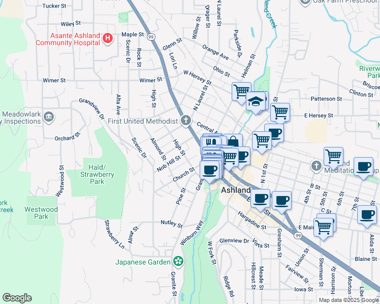 map of restaurants, bars, coffee shops, grocery stores, and more near 140 High Street in Ashland