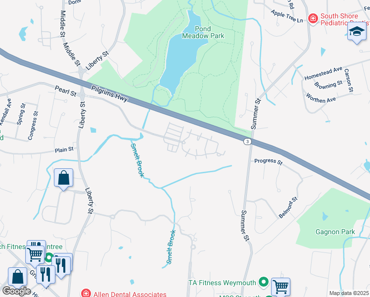 map of restaurants, bars, coffee shops, grocery stores, and more near 550 Liberty Street in Braintree