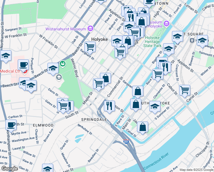 map of restaurants, bars, coffee shops, grocery stores, and more near 729 High Street in Holyoke