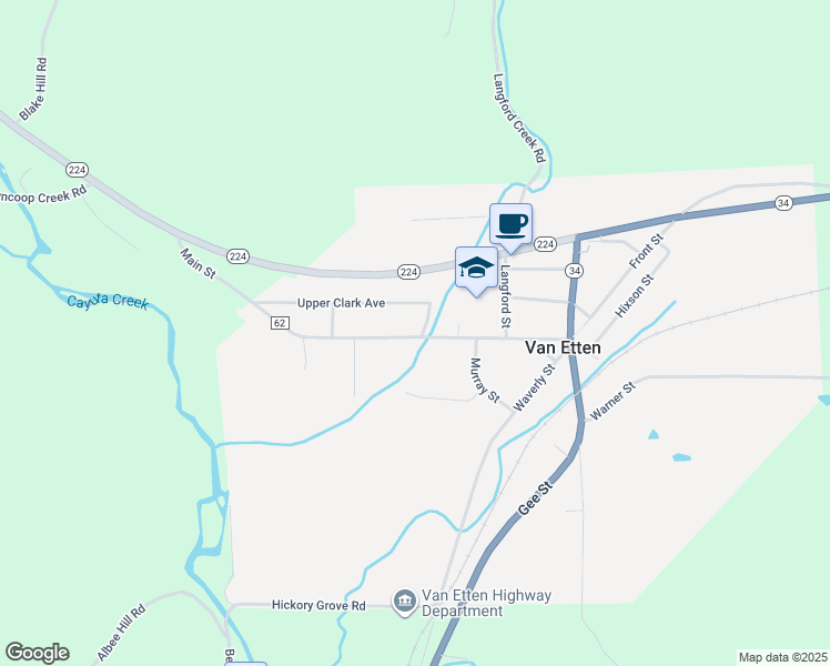 map of restaurants, bars, coffee shops, grocery stores, and more near 7 Upper Clark Ave in Van Etten