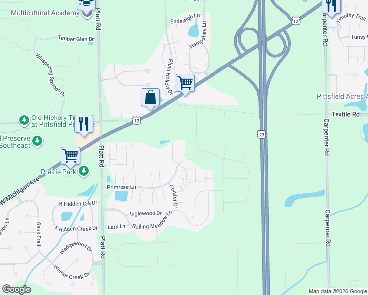 map of restaurants, bars, coffee shops, grocery stores, and more near 3379 Primrose Lane in Ypsilanti