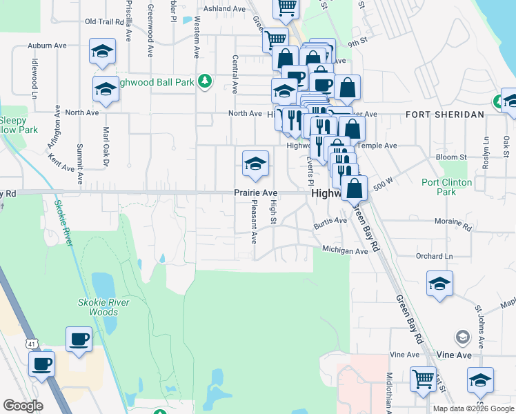 map of restaurants, bars, coffee shops, grocery stores, and more near 131 Pleasant Avenue in Highwood
