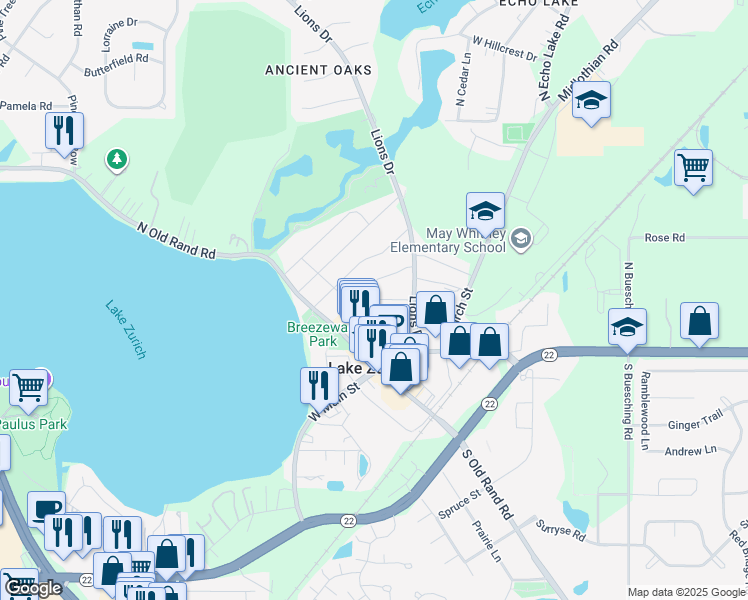 map of restaurants, bars, coffee shops, grocery stores, and more near 117 Oak Street in Lake Zurich