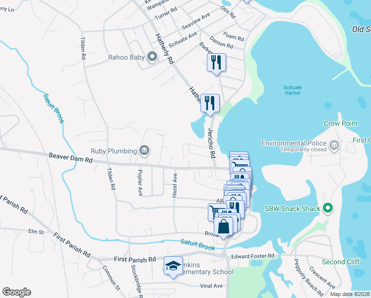 map of restaurants, bars, coffee shops, grocery stores, and more near 5 Harbor View Road in Scituate