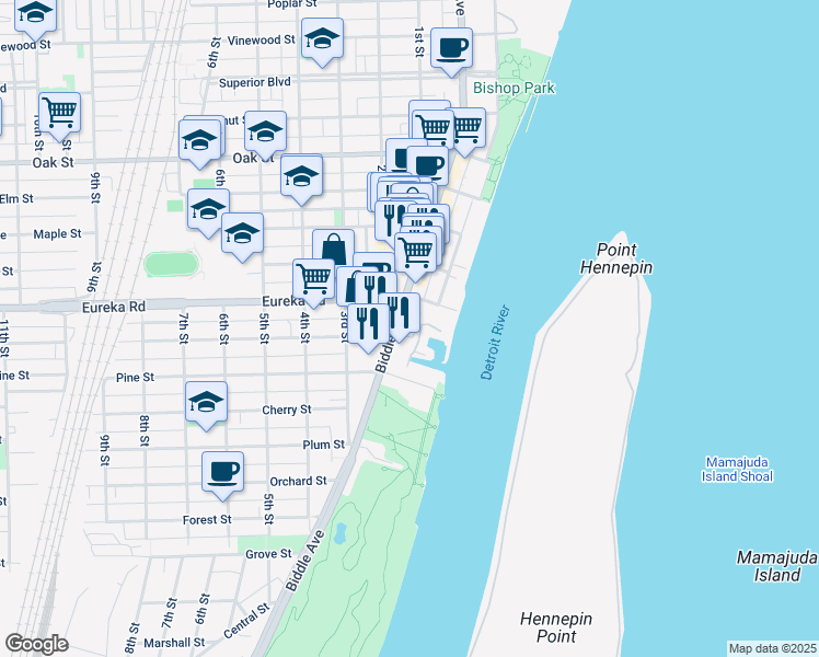 map of restaurants, bars, coffee shops, grocery stores, and more near in Wyandotte