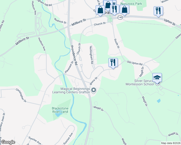map of restaurants, bars, coffee shops, grocery stores, and more near 65 Londonderry Road in Grafton