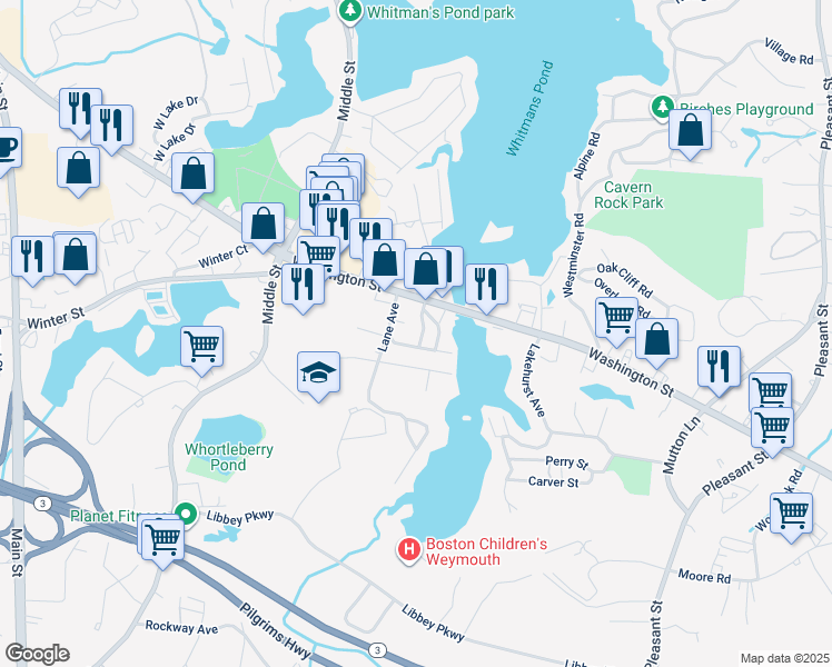 map of restaurants, bars, coffee shops, grocery stores, and more near 26 Lane Avenue in Weymouth