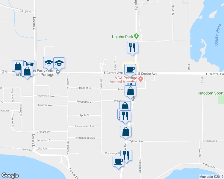 map of restaurants, bars, coffee shops, grocery stores, and more near 2213 Pleasant Drive in Portage