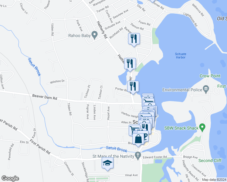 map of restaurants, bars, coffee shops, grocery stores, and more near 1 Harbor View Road in Scituate