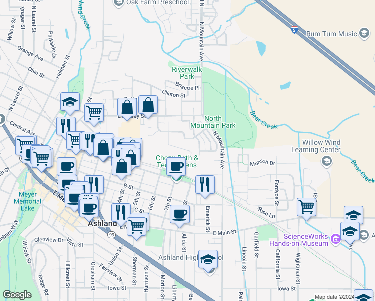 map of restaurants, bars, coffee shops, grocery stores, and more near 474 Russell St in Ashland