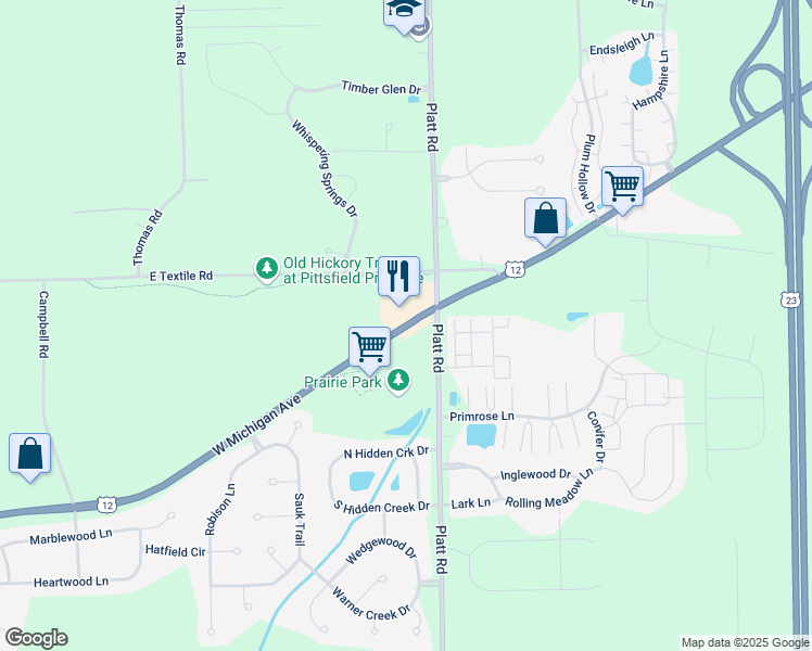 map of restaurants, bars, coffee shops, grocery stores, and more near 6000 West Michigan Avenue in Saline