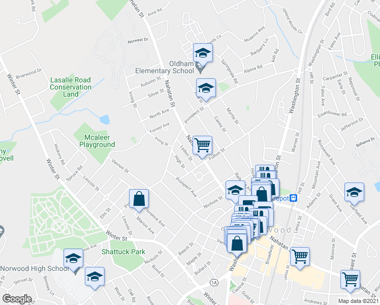 map of restaurants, bars, coffee shops, grocery stores, and more near 359 Nahatan Street in Norwood
