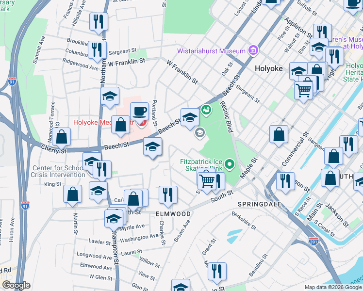 map of restaurants, bars, coffee shops, grocery stores, and more near 81A Davis Street in Holyoke