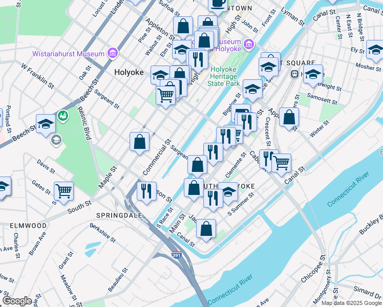map of restaurants, bars, coffee shops, grocery stores, and more near 81 Sargeant Street in Holyoke