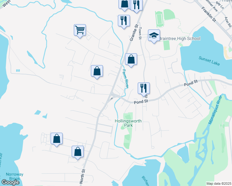 map of restaurants, bars, coffee shops, grocery stores, and more near 409 Pond Street in Braintree