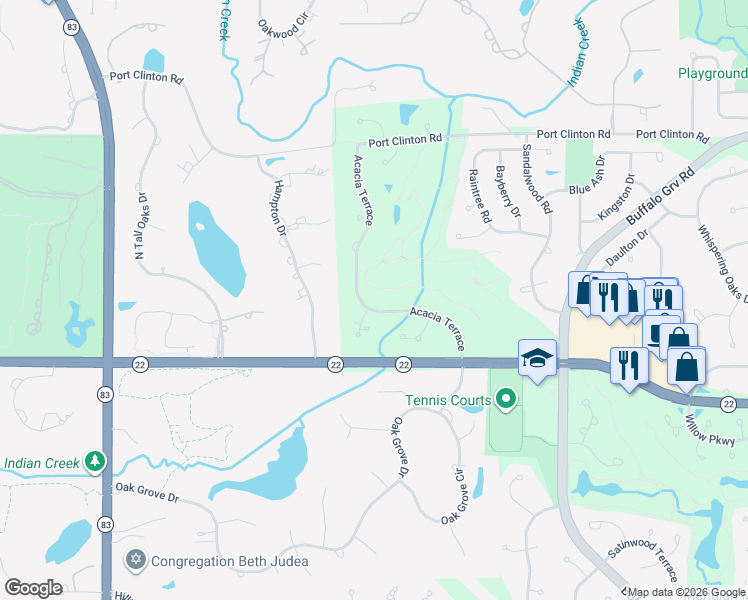 map of restaurants, bars, coffee shops, grocery stores, and more near 2811 Acacia Terrace in Buffalo Grove