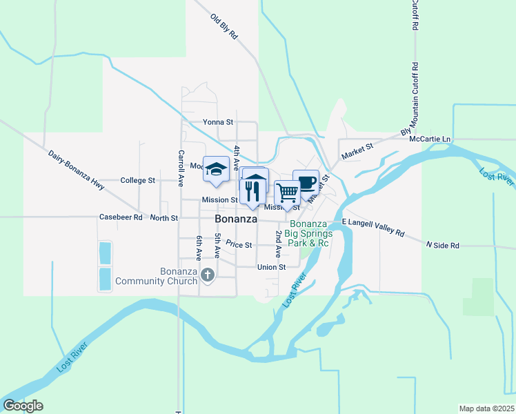map of restaurants, bars, coffee shops, grocery stores, and more near 31610 Mission Street in Bonanza