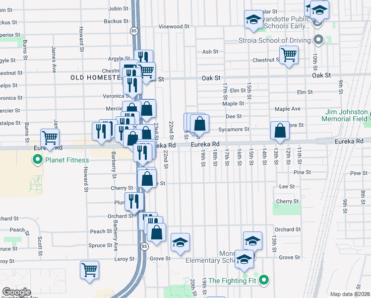 map of restaurants, bars, coffee shops, grocery stores, and more near in Wyandotte