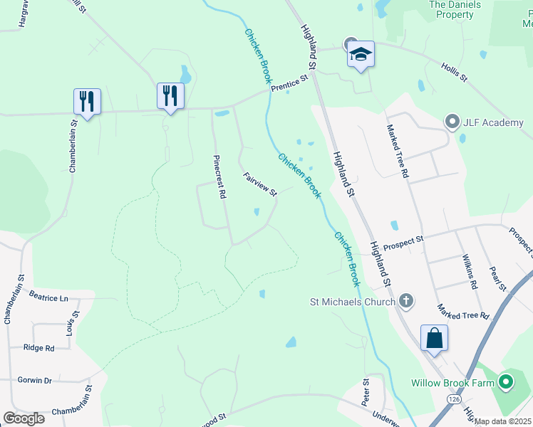 map of restaurants, bars, coffee shops, grocery stores, and more near 115 Fairview Street in Holliston