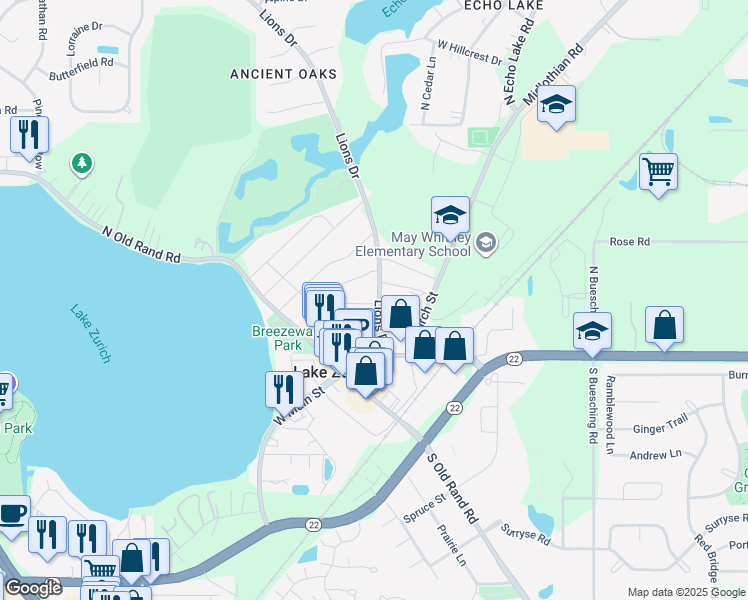 map of restaurants, bars, coffee shops, grocery stores, and more near 140 Oak Street in Lake Zurich