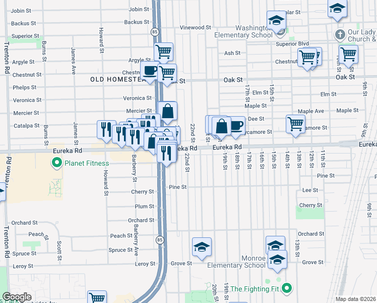 map of restaurants, bars, coffee shops, grocery stores, and more near 2189 Eureka Road in Wyandotte
