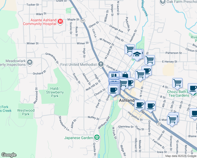 map of restaurants, bars, coffee shops, grocery stores, and more near 94 Bush Street in Ashland