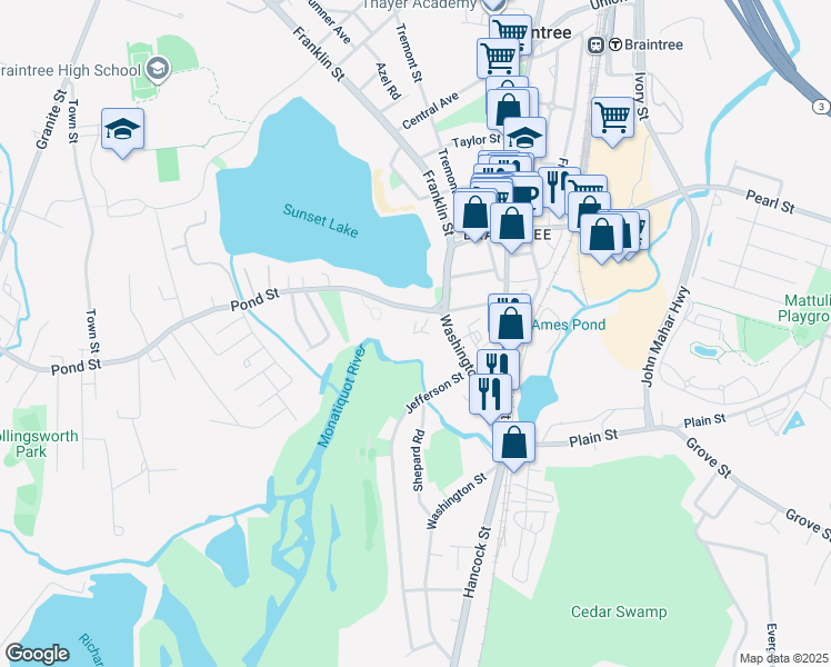 map of restaurants, bars, coffee shops, grocery stores, and more near 20 Pond Street in Braintree