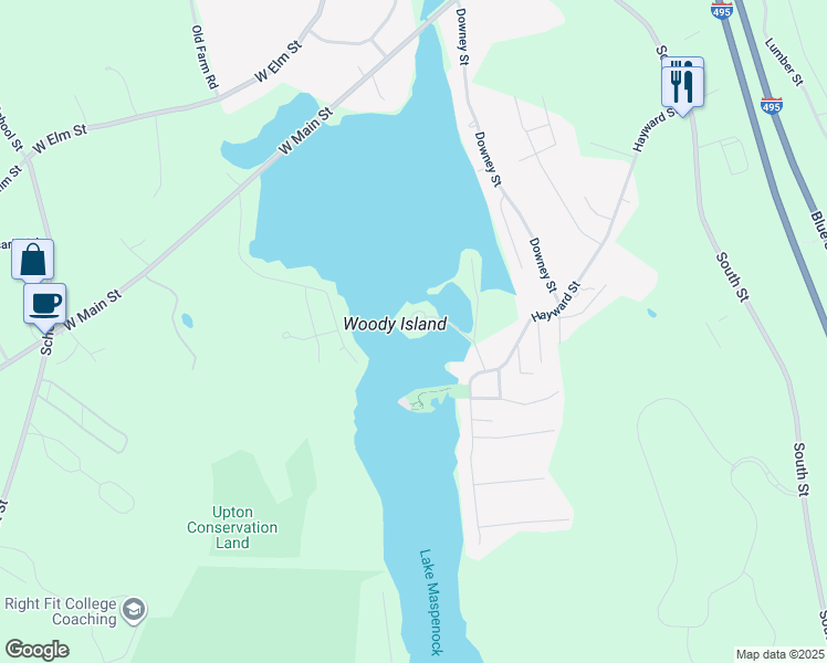 map of restaurants, bars, coffee shops, grocery stores, and more near 33 Woody Island Road in Hopkinton