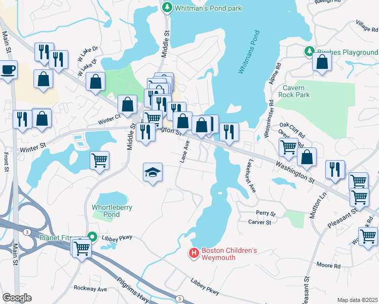 map of restaurants, bars, coffee shops, grocery stores, and more near 26 Lane Avenue in Weymouth