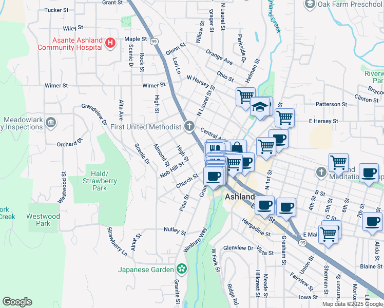 map of restaurants, bars, coffee shops, grocery stores, and more near 140 High Street in Ashland