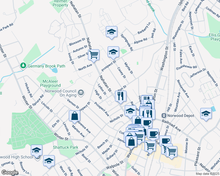 map of restaurants, bars, coffee shops, grocery stores, and more near 359 Nahatan Street in Norwood