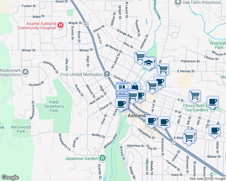 map of restaurants, bars, coffee shops, grocery stores, and more near 131 North Main Street in Ashland