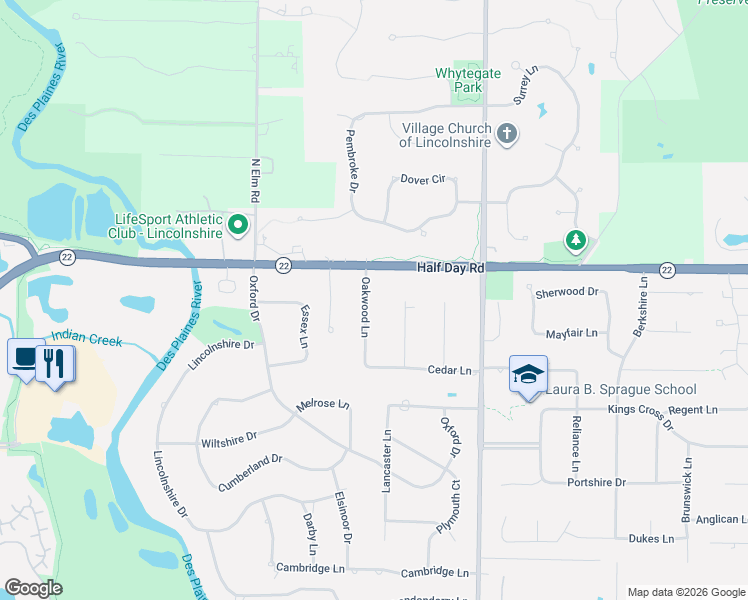 map of restaurants, bars, coffee shops, grocery stores, and more near 87 Oakwood Lane in Lincolnshire