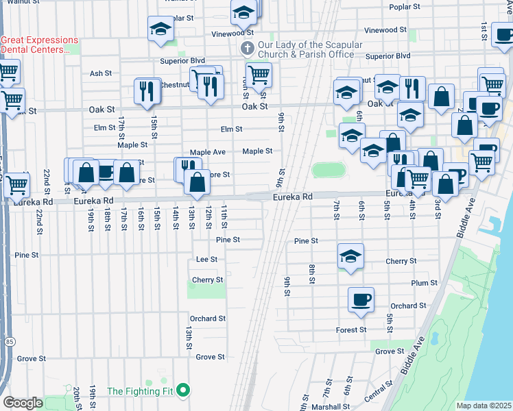 map of restaurants, bars, coffee shops, grocery stores, and more near 989 Eureka Road in Wyandotte