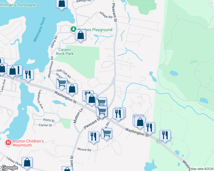 map of restaurants, bars, coffee shops, grocery stores, and more near 14 Old Stone Way in Weymouth