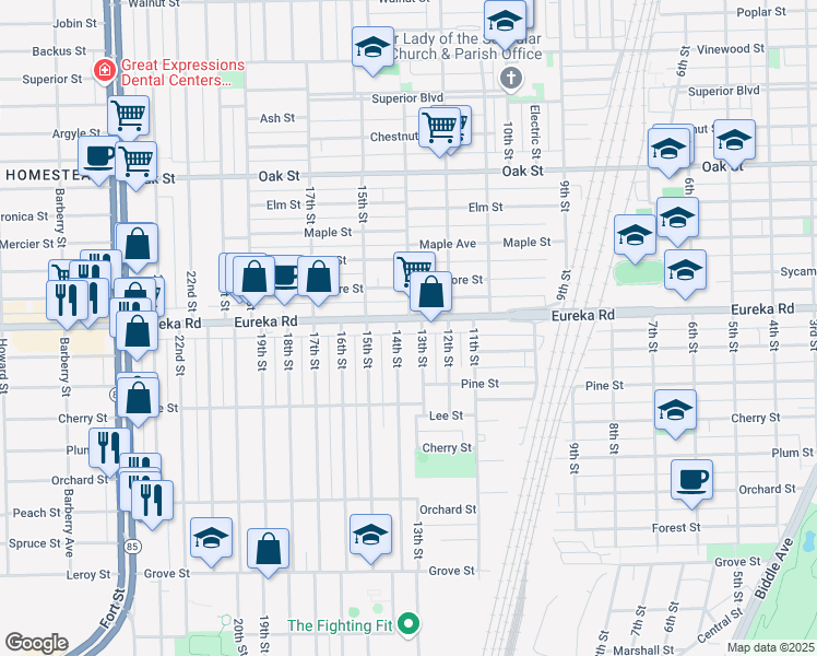 map of restaurants, bars, coffee shops, grocery stores, and more near 1323 Eureka Road in Wyandotte