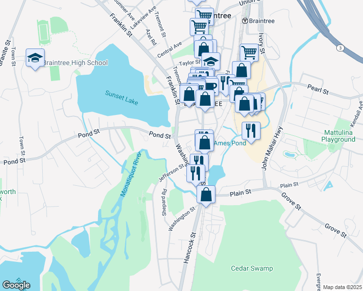map of restaurants, bars, coffee shops, grocery stores, and more near 1090 Washington Street in Braintree