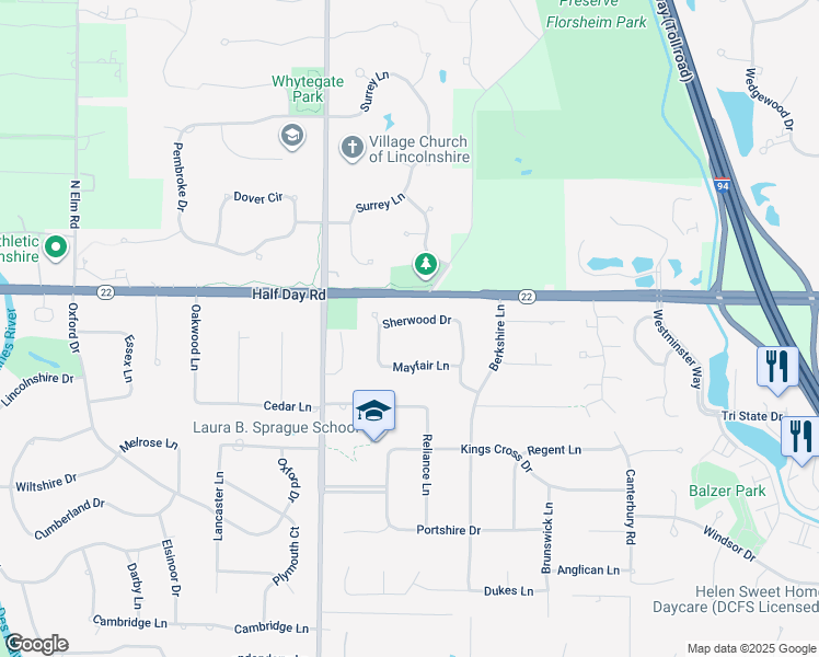 map of restaurants, bars, coffee shops, grocery stores, and more near 23 Sherwood Drive in Lincolnshire
